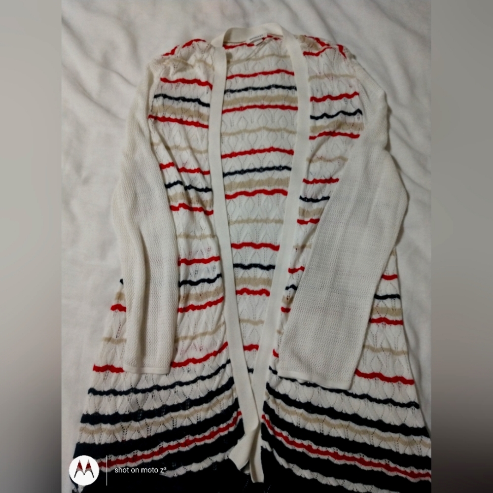 Westport red white blue and tan cardigan.